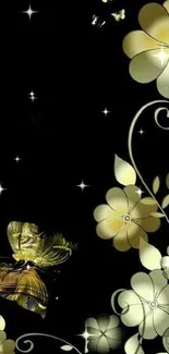 Golden butterflies and floral design on black wallpaper.