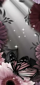 Elegant mobile wallpaper with butterfly and dark florals.