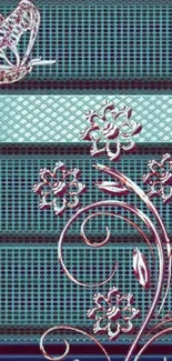 Floral and butterfly design on teal background with intricate patterns.