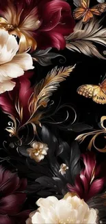 Mobile wallpaper with elegant floral and butterfly design on black background.