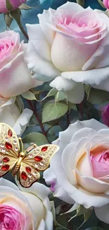 Jeweled butterfly on pink and white roses wallpaper.