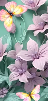 Floral wallpaper with butterflies and green background.