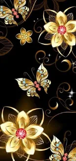 Elegant gold flower and butterfly wallpaper design.