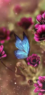 Floral wallpaper with blue butterfly and pink flowers.