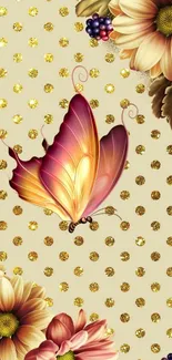 Elegant butterfly with floral background and golden dots.