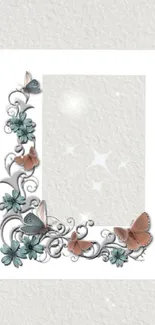 Cream wallpaper with floral and butterfly frame design.