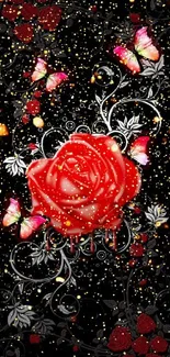 Red roses and butterflies on a dark wallpaper.