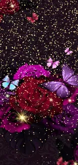 Elegant floral wallpaper with colorful butterflies and dark background.