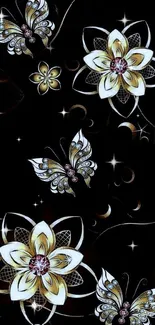 Elegant floral and butterfly design on a dark background wallpaper.