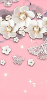 Elegant wallpaper with white flowers and lace butterflies on a pink background.