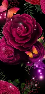 Elegant wallpaper with vibrant roses and butterflies on a dark background.