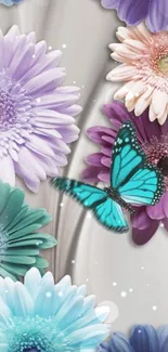 Colorful floral wallpaper with a blue butterfly.