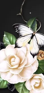 Elegant mobile wallpaper with roses and butterfly.