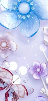 Elegant floral and butterfly wallpaper for phones with blue and violet hues.