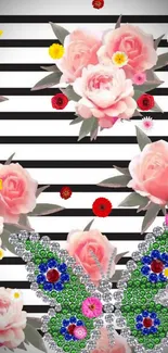 Pink roses with butterfly on striped background.