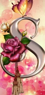 Wallpaper with ampersand, roses, butterfly on pink bubbles.