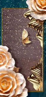 Elegant wallpaper with golden roses and butterfly on a teal background.