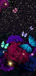 Dark floral wallpaper with butterflies.