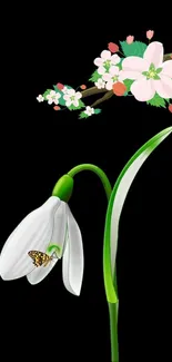 Elegant wallpaper of a flower with butterfly and branch with blossoms.