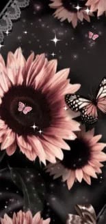 Pink sunflowers and butterflies on a starry background wallpaper.