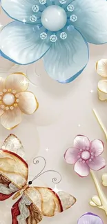 3D floral and butterfly wallpaper with soft colors for mobile phone