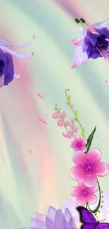 Purple flowers and butterfly on a pastel background mobile wallpaper.