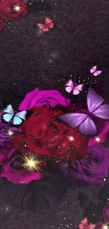 Elegant wallpaper with roses and butterflies on a dark background.