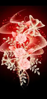 Elegant floral design with roses and butterflies on a red background.