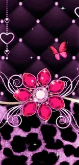 Elegant floral butterfly wallpaper with gems and purple backdrop.