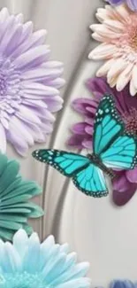 Blue butterfly amidst colorful flowers wallpaper.