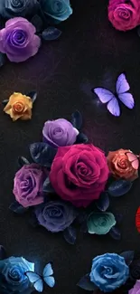 Dark floral wallpaper with roses and butterflies.