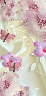 Elegant wallpaper with pink flowers and butterflies on a soft background.