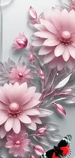 Soft pink floral wallpaper with butterfly