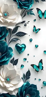 Elegant mobile wallpaper with teal flowers and butterflies.