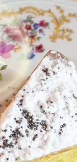 Powdered sugar cake slice with floral design on a decorative plate.