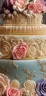 Decorative floral cake with elegant pastel roses.