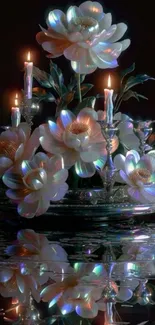 Elegant floral arrangement with candles reflecting light.