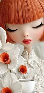 Stylized red-haired character with flowers in elegant cartoon art.