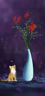 Mobile wallpaper of a cat with a vase and flowers on a purple background.