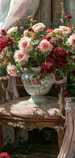 Vintage chair with bouquet of roses in a decorative vase.