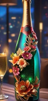 Floral-decorated champagne bottle with city lights.