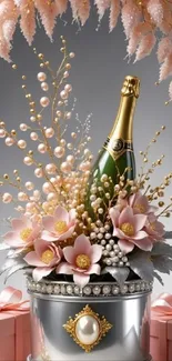 Elegant champagne display with flowers and pearls.