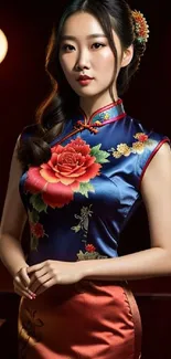 Elegant woman in floral cheongsam with dark blue color theme.