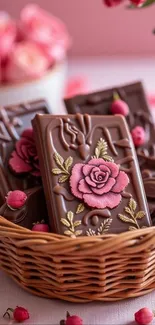 Chocolate bars with pink floral design in a basket.