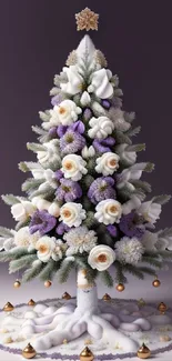 Floral Christmas tree with white and purple decorations.