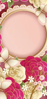 Phone wallpaper featuring elegant pink floral and butterfly design with a central circle.