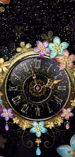 Elegant floral clock design with golden accents and colorful flowers.