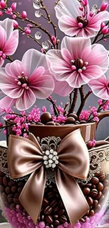 Elegant pink blossoms in a decorative coffee mug.