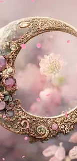 Elegant floral crescent moon in soft pink and gold hues.