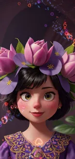 Elegant animated character with floral crown and purple dress.